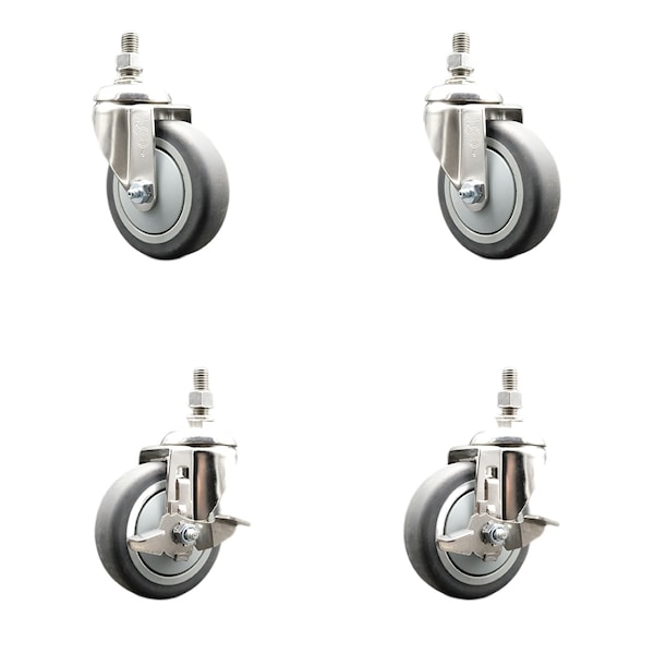 Service Caster 4 Inch 316SS Thermoplastic Rubber 3/8 Inch Threaded Stem Caster Brake SCC, 2PK SS316TS20S414-TPRB-381615-2-TLB-2 - main